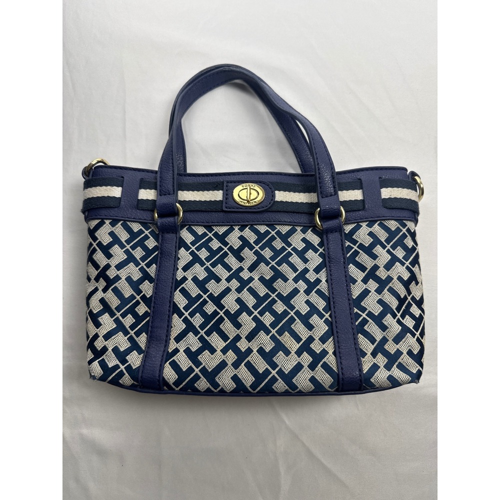 Tommy Hilfiger Navy Blue‎ Monogram Mini Tote Satchel Bag Gold Hardware